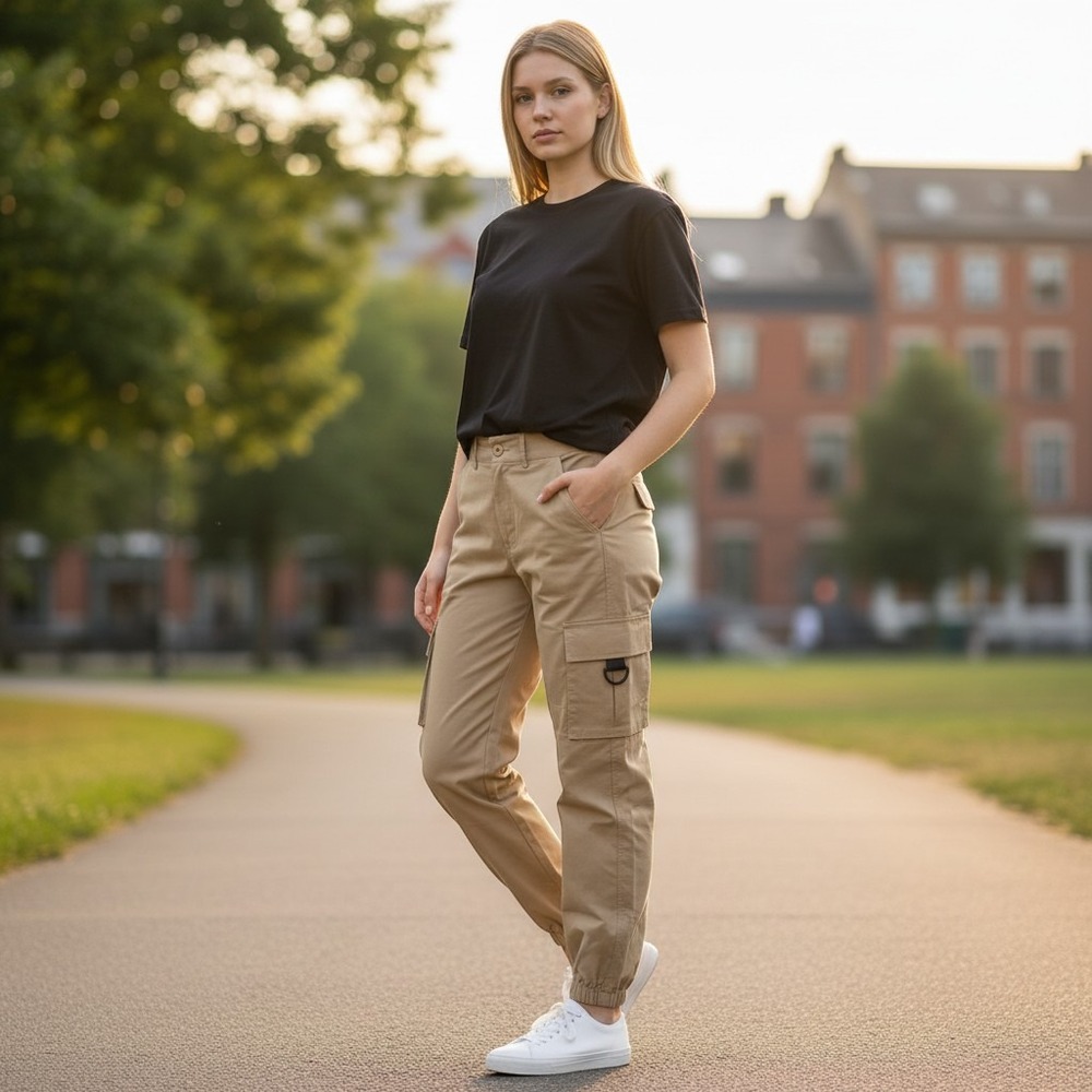 HALARA Women Khaki Cargo Jogger Pants Elastic Waist Drawstring Casual Size Small